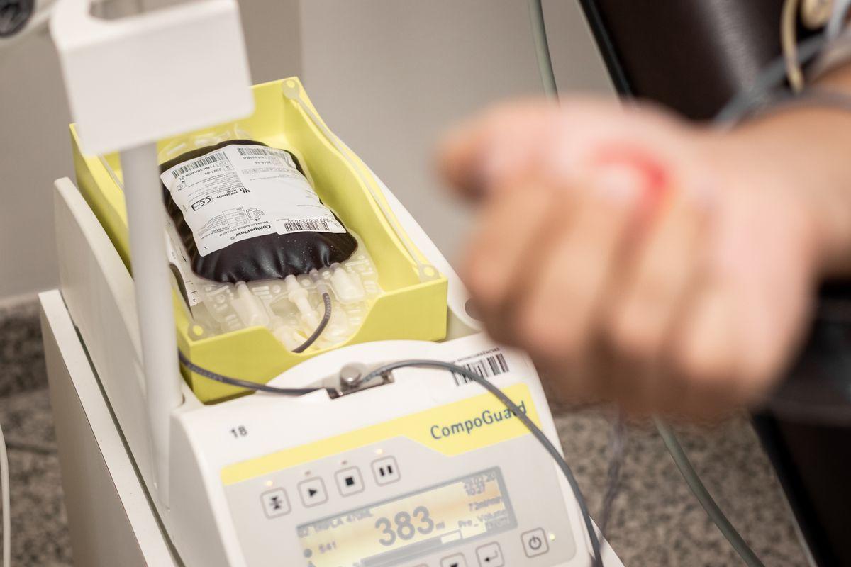 Bolsa de hemocomponente conectada a bomba de infusão CompoGuard ao lado do braço de um paciente